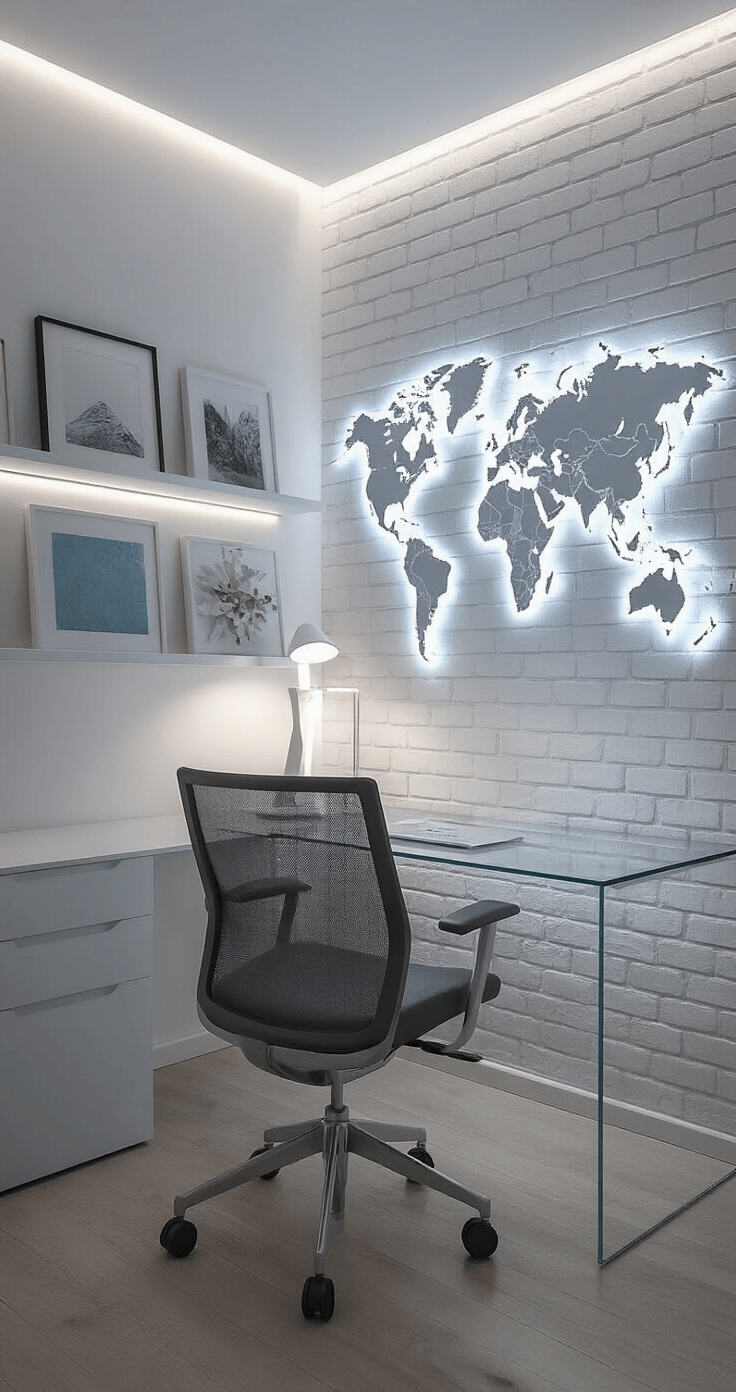 A modern home office with an exposed white brick accent wall, illuminated by adjustable LED strip lighting, featuring a sleek glass desk with a minimalist lamp, floating shelves with art pieces, an ergonomic charcoal mesh chair, and a large backlit world map on the opposing wall, all captured at desk level.