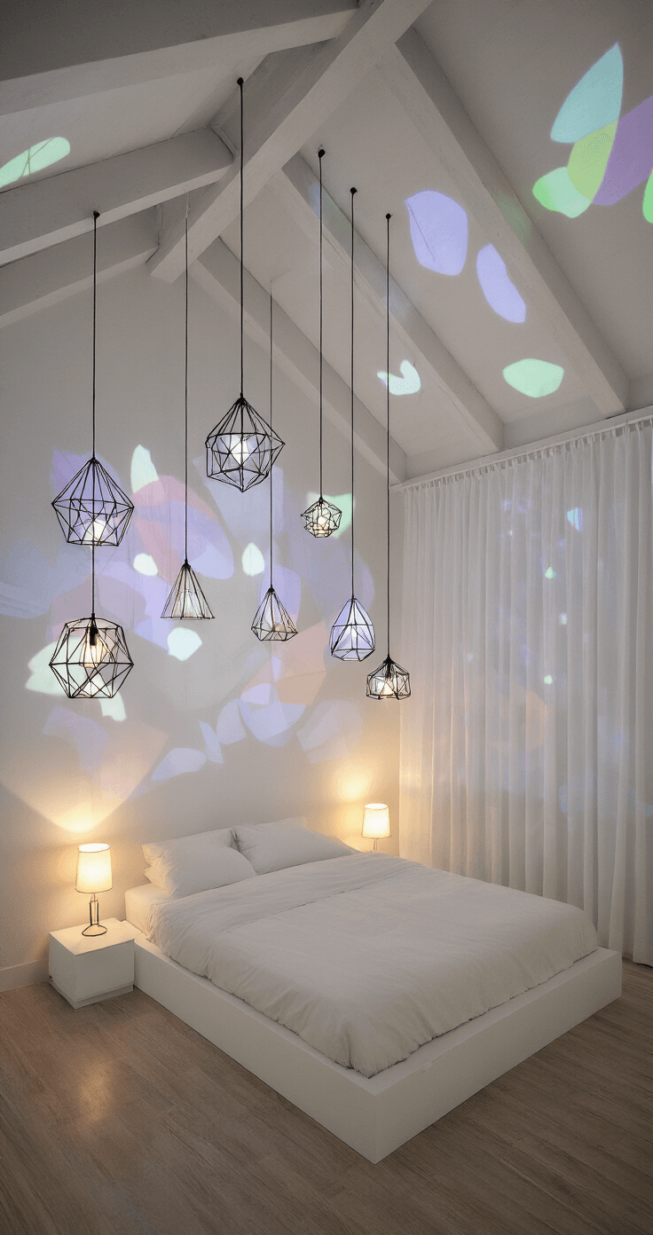 A whimsical bedroom featuring an artistic light installation with projected abstract shapes and soft colors on the walls, a platform bed with white linens, geometric pendant lights, and color-changing bedside lamps, all softened by sheer curtains.