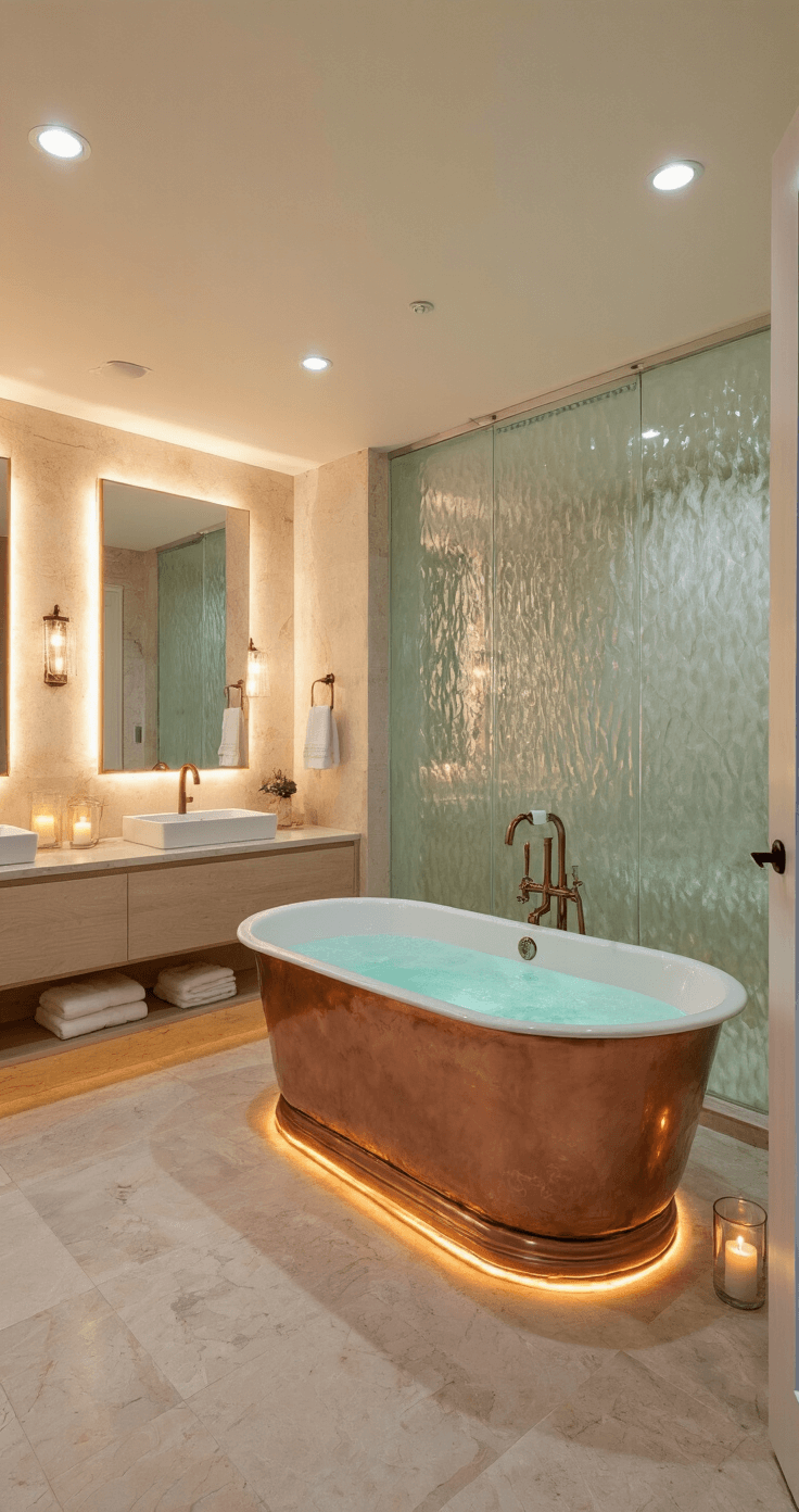 A luxurious bathroom spa retreat featuring a freestanding copper bathtub, illuminated with warm LED strips, backlit mirrors, and a textured glass shower partition creating a serene ambiance, complemented by natural stone tiles and flickering candlelight.