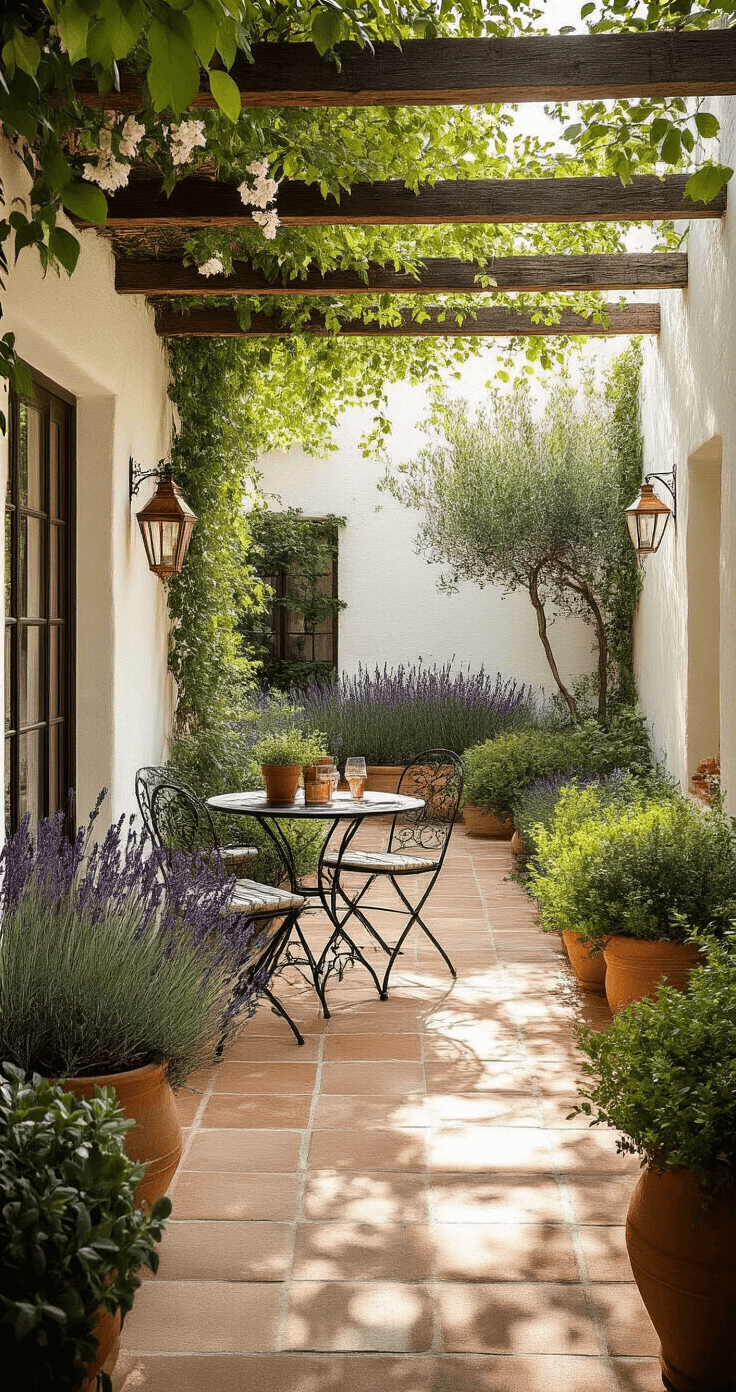 A sun-drenched Mediterranean courtyard garden featuring whitewashed stone walls, terracotta tiles, a wrought iron bistro set under a wooden pergola with jasmine, potted olive trees, lavender, and rosemary, illuminated by warm golden afternoon light.