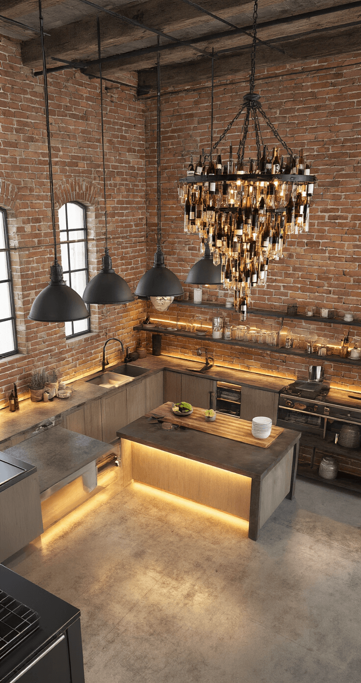 An overhead view of an industrial-chic kitchen featuring exposed brick walls and concrete floors, with distinct lighting zones created by pendant lights over a central island, under-cabinet LED strips, and a chandelier made from repurposed wine bottles above a dining nook, showcasing the blend of warm and industrial elements.