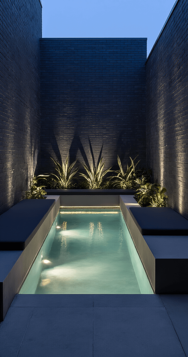 An intimate twilight courtyard with charcoal-painted brick walls, featuring a central reflecting pool illuminated by LED strips, sleek concrete benches with charcoal cushions, and strategic uplighting on architectural plants, captured from an elevated position to highlight water reflections in a cool blue hour ambiance.