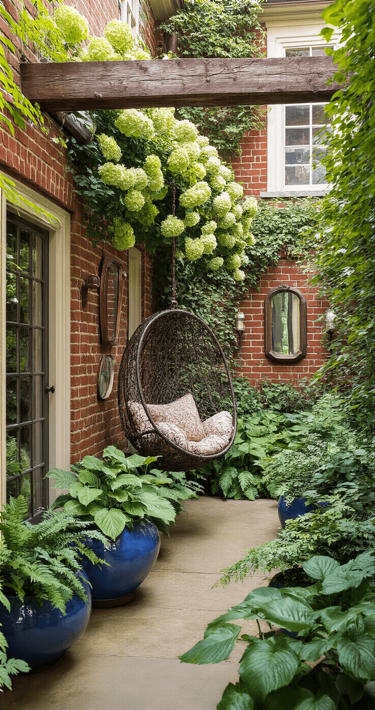 A tranquil courtyard adorned with climbing hydrangeas on red brick walls, featuring a vintage metal hanging chair from a rustic beam. A layered garden with hostas, ferns, and Japanese maples in blue ceramic pots, alongside antique mirrors that enhance the light. The scene is captured at eye level in soft morning mist, showcasing deep greens, blues, burgundy, and copper accents.