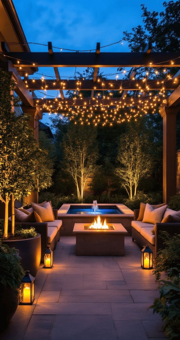 A tranquil outdoor patio at night, featuring a pergola with string lights, lanterns with flickering candles, a warm fire pit, comfortable lounge seating in earthy tones, illuminated potted trees, a color-changing water feature, and soft pathway lights leading to the house, captured in a wide-angle view.
