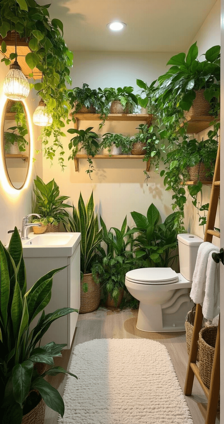 A small, windowless bathroom transformed into a lush jungle oasis, featuring abundant greenery with ZZ plants, snake plants, and cascading pothos. A sleek white toilet and sink contrast against the foliage, while a bamboo ladder holds fluffy towels. Warm LED grow lights illuminate the serene, tropical atmosphere in deep greens and natural wood tones.