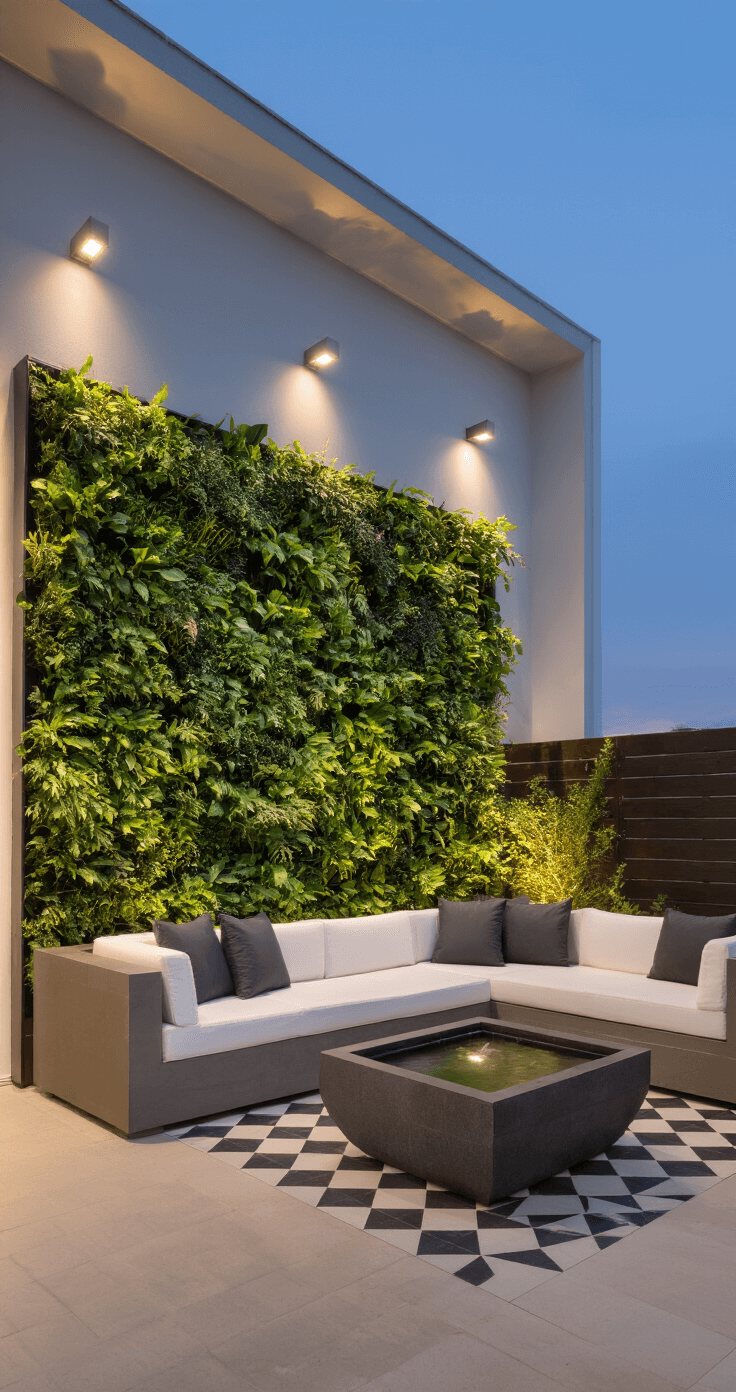 A contemporary urban courtyard at dusk featuring a vertical garden system on one wall, a modular white outdoor sofa with charcoal cushions on geometric patterned tiles, and a minimalist stone water bowl with gentle overflow. Hidden LED strips provide ambient lighting, and modern architectural fixtures enhance the scene, dominated by emerald green, bright white, graphite, and bronze hues.