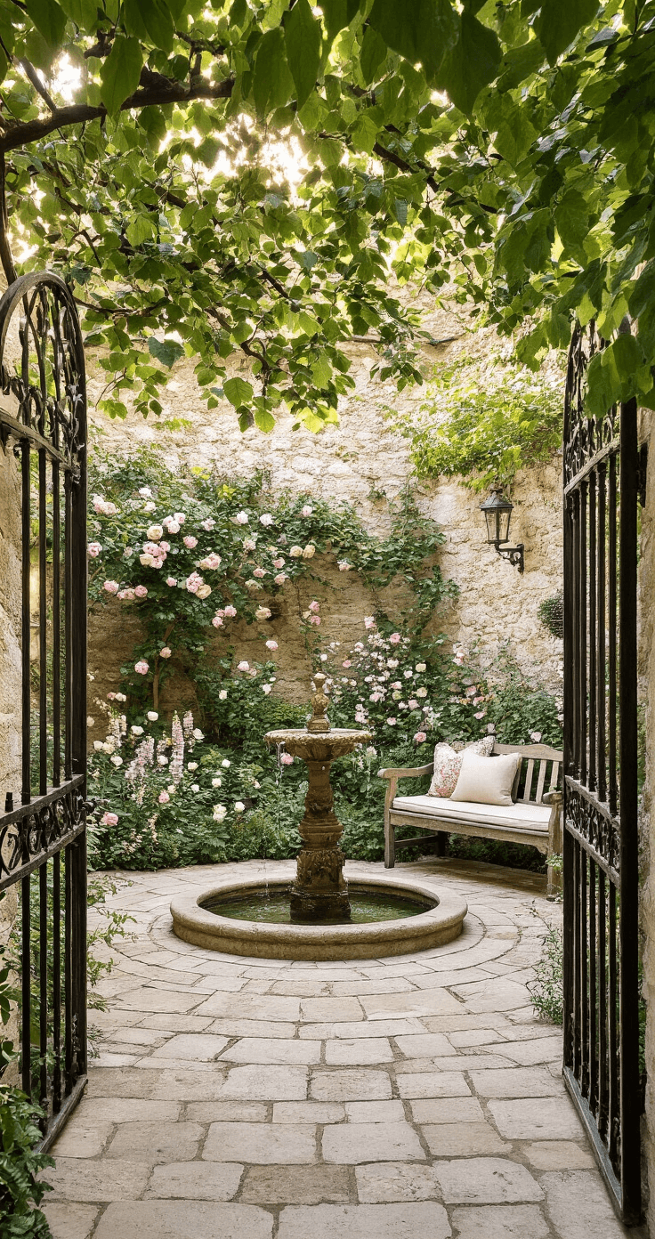 A serene secret garden courtyard featuring aged limestone walls, ornate iron gates, and a vintage fountain at the center. The setting is illuminated by golden hour light, showcasing a circular paved design surrounded by a cottage garden filled with roses, clematis, and foxgloves. A weathered wooden bench with vintage cushions adds to the charm, all captured with natural dappled lighting filtering through the overhead trees. The color palette includes soft pinks, sage, cream, and rustic browns.