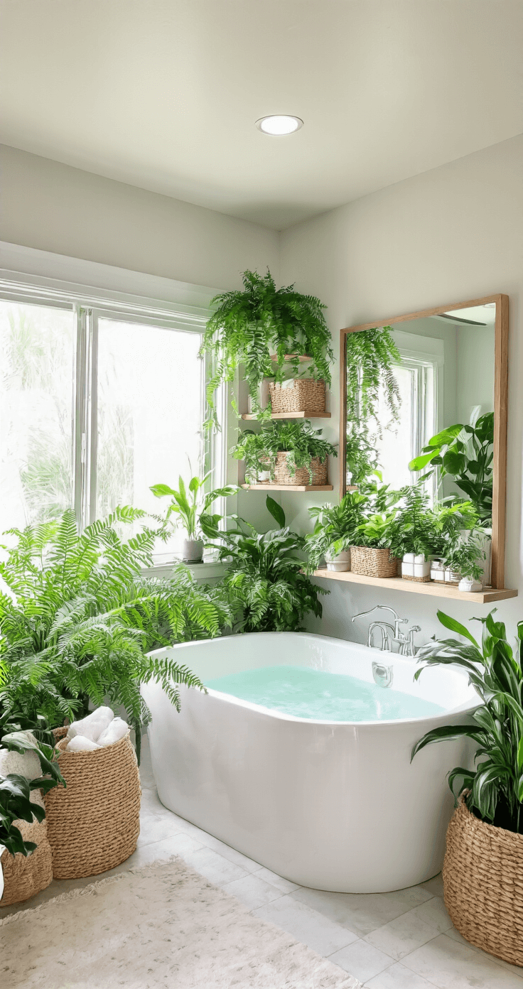 A serene windowless bathroom featuring a freestanding bathtub surrounded by vibrant ferns and peace lilies, with spider plants cascading from floating shelves. The space is illuminated by cool LED grow lights, creating a refreshing atmosphere with a color palette of whites, greens, and natural wood accents. Textured jute baskets store toiletries, and a large mirror enhances the lush greenery.