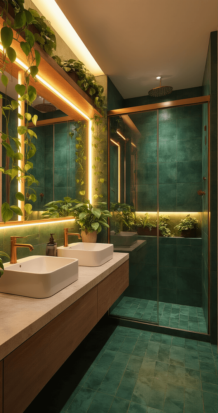 A luxurious elongated bathroom featuring warm LED lighting, a long vanity with double sinks and a large mirror framed by pothos vines, rich emerald green tiles, brass fixtures, and a glass shower stall with trailing heartleaf philodendrons.