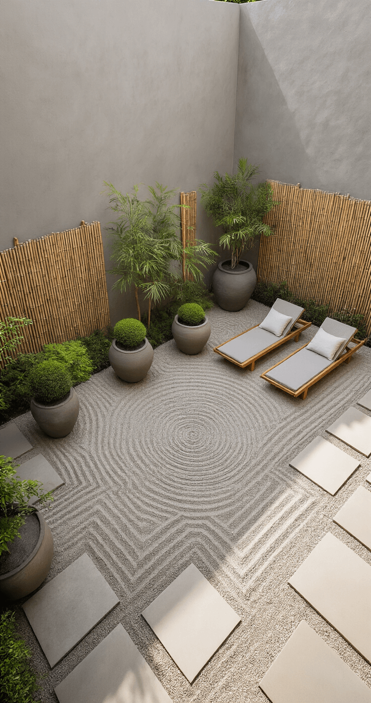 Zen-inspired courtyard featuring smooth, warm gray walls and bamboo screening, large ceramic pots with cloud-pruned plants, raked gravel patterns, and modern teak loungers with natural linen cushions, all bathed in soft morning light.