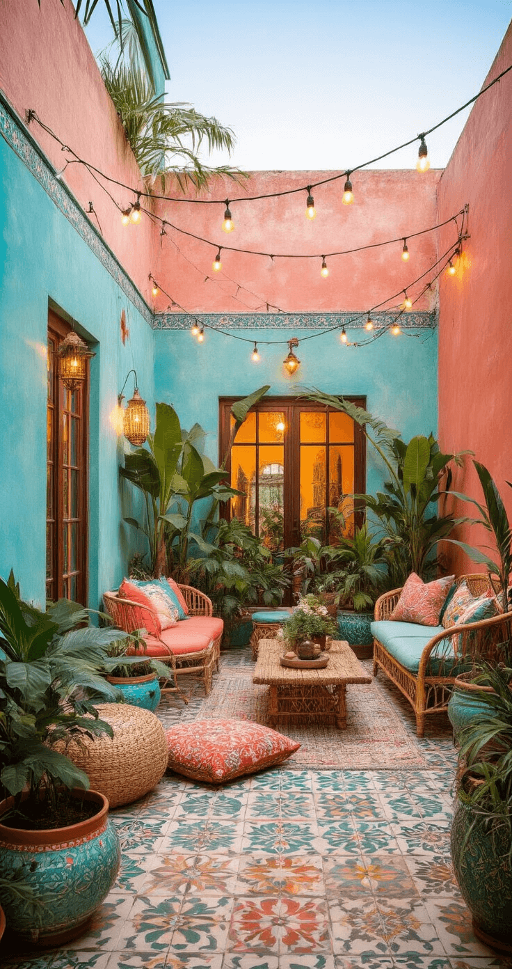 A bohemian courtyard garden at sunset featuring distressed pastel-painted walls adorned with Moroccan tiles, multiple seating areas with floor cushions and vintage rattan furniture, and an eclectic mix of tropical plants in colorful pots. Festoon lighting hangs overhead, creating a warm glow during golden hour with fairy lights, highlighting a vibrant palette of turquoise, coral, gold, and emerald green.