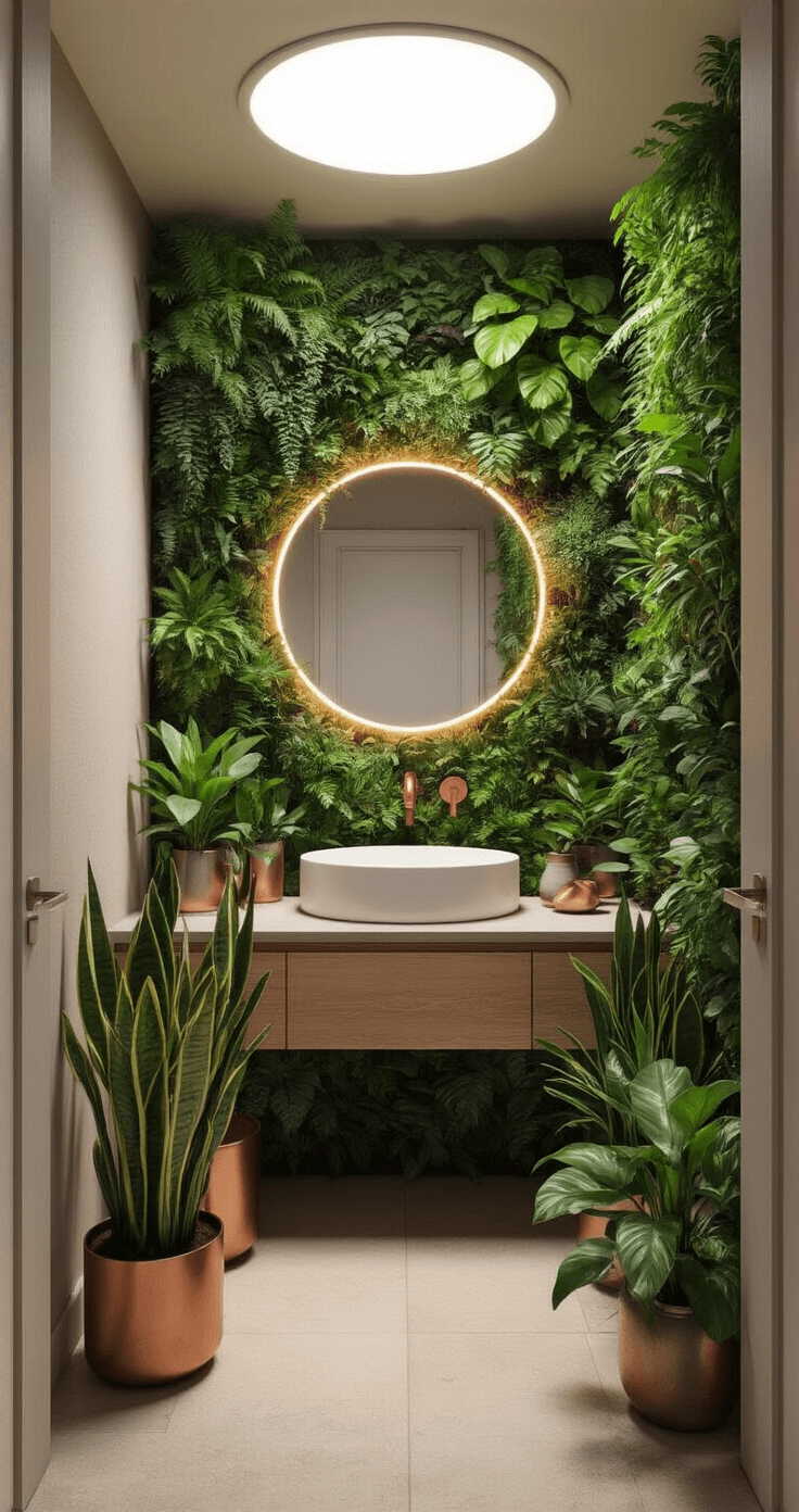 A compact windowless powder room transformed into a miniature rainforest, featuring a floating vanity with a vessel sink, a living wall of ferns and philodendrons, and bright LED lighting that mimics a skylight, set in a deep forest green and earth tone color palette.