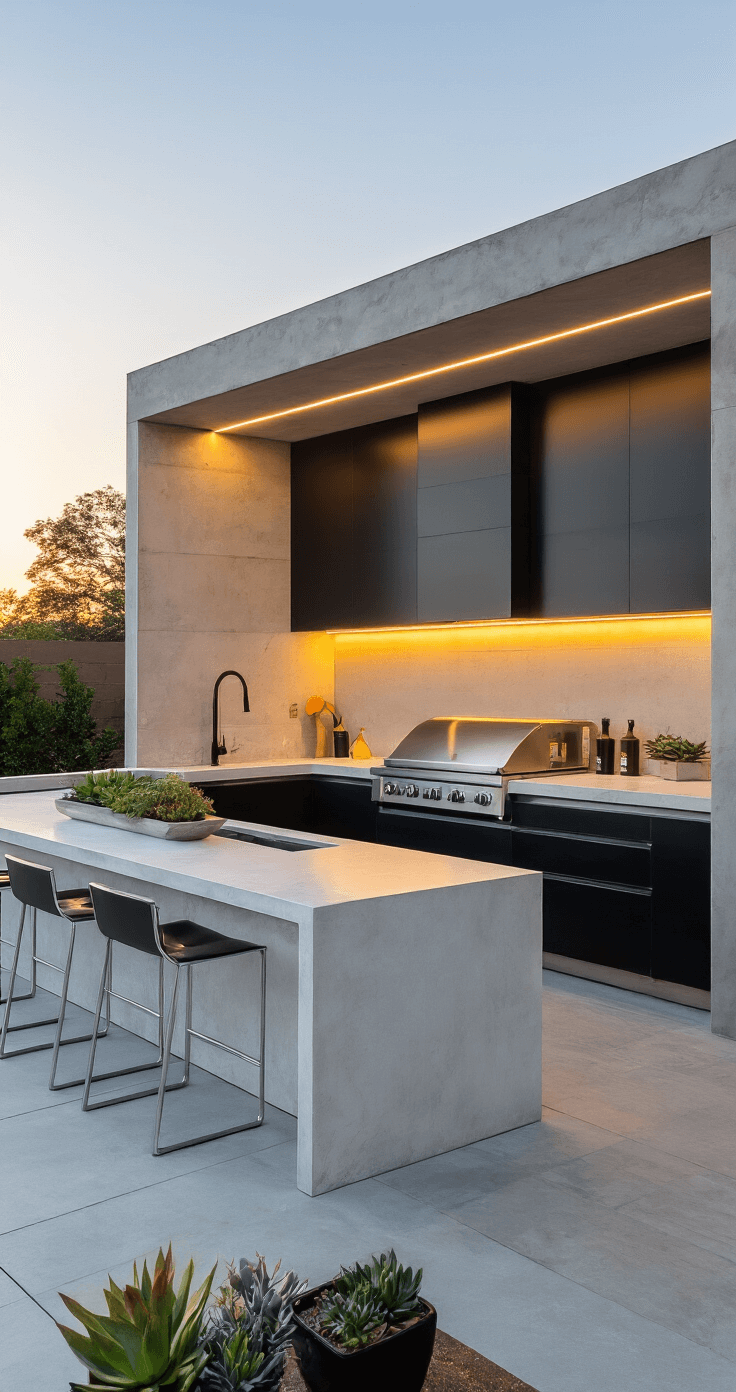 A contemporary outdoor kitchen featuring sleek stainless steel appliances, matte black cabinetry, and quartz countertops, illuminated by warm LED lighting, with sunset reflections in sliding glass doors, surrounded by potted succulents.