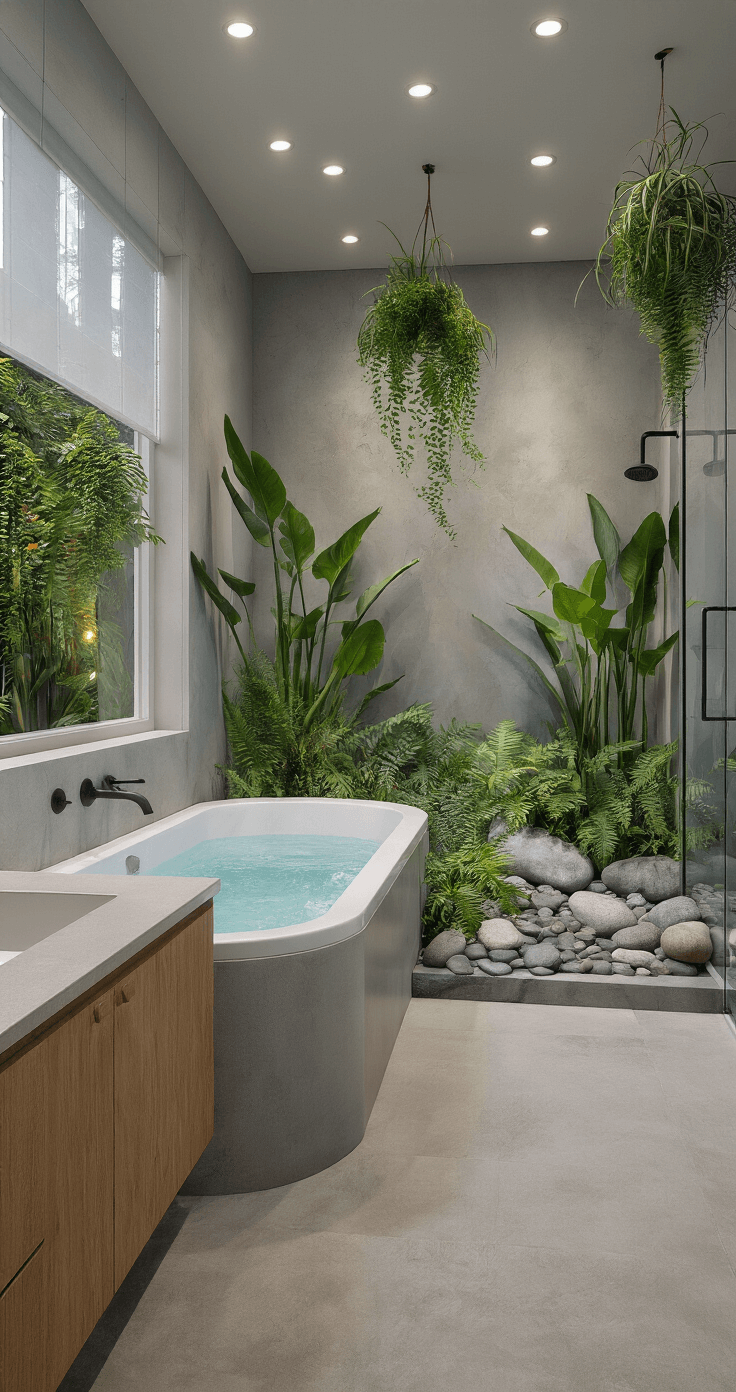 A high-angle view of a spacious master bathroom with a sunken bathtub surrounded by river rocks and ferns, showcasing a large walk-in shower with glass walls, tall bird of paradise plants, and walls adorned with air plants and staghorn ferns, illuminated by recessed LEDs and grow lights in a calming color scheme of greys, whites, and greens.