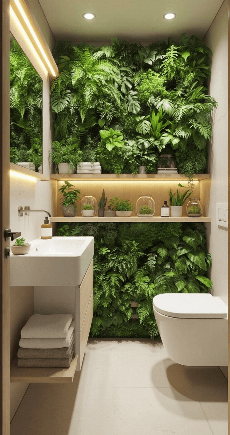 A narrow windowless bathroom featuring integrated LED strip lighting, a compact toilet and sink, and a lush floor-to-ceiling living wall of ferns and tropical plants. Opposite is a full-length mirror, enhancing the bright, fresh atmosphere created by the pale wood accents and white fixtures. Small terrariums add whimsical details.