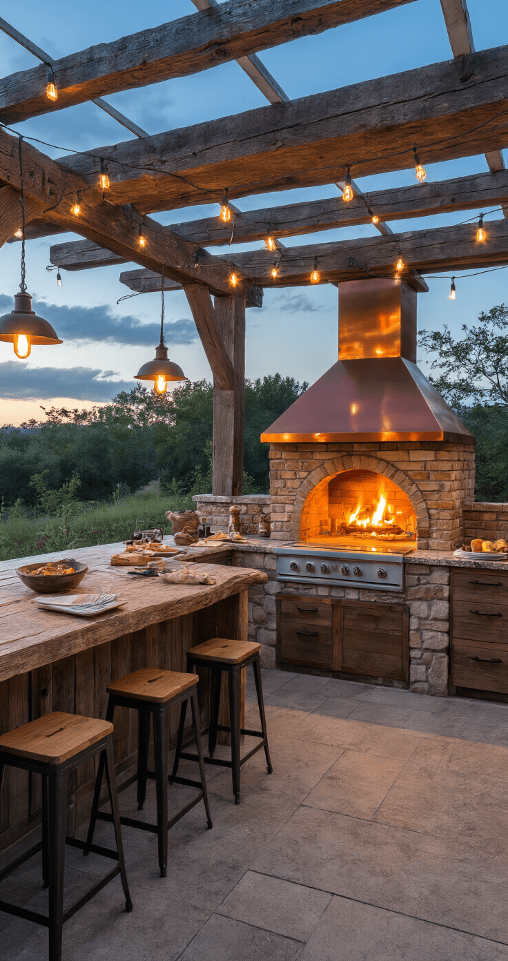 Wide-angle view of a rustic outdoor kitchen at dusk, featuring a weathered timber pergola, a natural stone cooking station with a copper hood, rough-hewn granite countertops, and reclaimed barn wood cabinetry. Edison bulb string lights illuminate the area, highlighting a massive brick pizza oven with visible flames. Vintage industrial pendant lights enhance the food prep areas, while iron and wood bar stools are tucked under a live-edge counter. The warm tones and textures create an intimate ambiance.