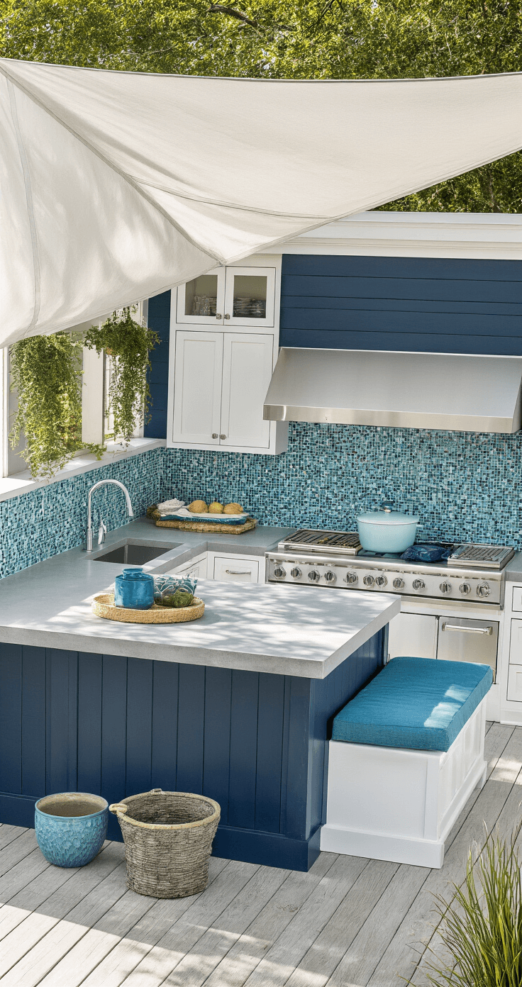 Bright outdoor kitchen with white-washed cabinetry and navy blue accents, featuring pale gray concrete countertops and a turquoise mosaic tile backsplash, under a retractable canvas awning. Includes built-in white oak bench seating with blue cushions, stainless steel appliances, and blue ceramic planters with coastal grasses.