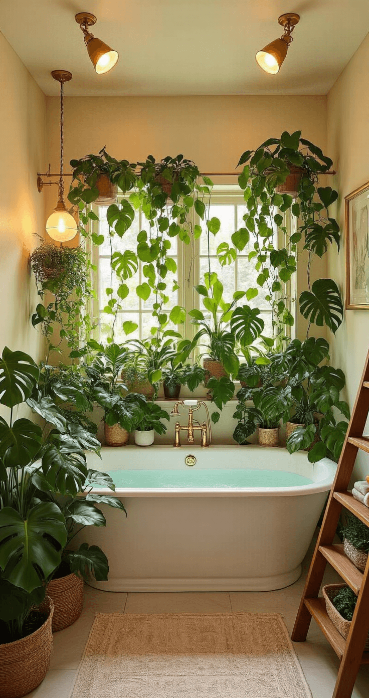 A medium windowless bathroom featuring a clawfoot tub under warm LED lighting, surrounded by a curved privacy screen with climbing pothos. Large monstera plants are in the corners, while a teak ladder shelf displays trailing plants in ceramic pots. The color scheme includes deep teals, golds, and creamy whites, enhanced by brass fixtures for a glamorous touch. The scene is presented from a slightly elevated three-quarter view, creating an opulent and tropical atmosphere.