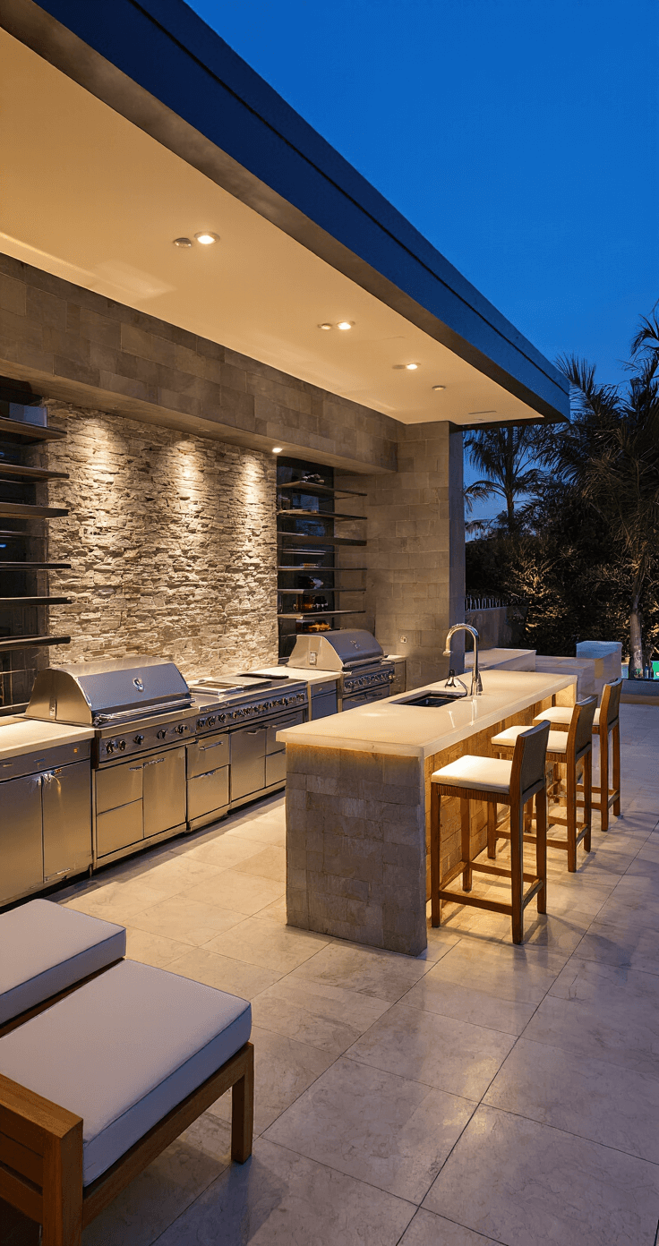 Twilight view of a luxurious outdoor kitchen and lounge with polished stainless steel appliances, illuminated onyx bar, and premium teak furniture, featuring ambient lighting and bokeh effects.