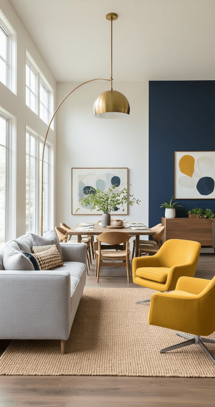 A sunlit open-concept living-dining room featuring high ceilings, large windows, a gray linen sofa, mustard yellow swivel chairs, a jute area rug, an expandable walnut dining table, and a modern brass pendant light, with soft ivory walls and a navy accent wall, creating a warm and inviting atmosphere.