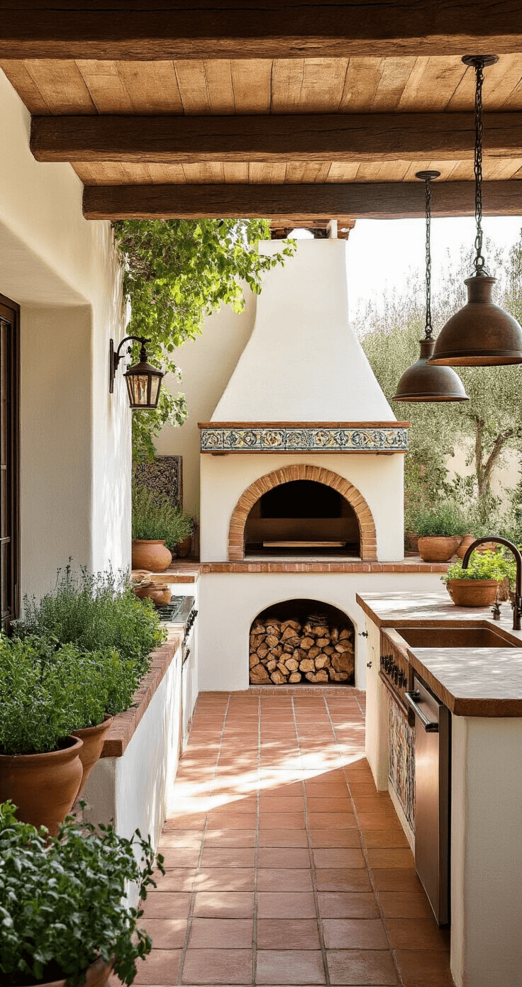 A sunlit Mediterranean villa kitchen features terracotta tile flooring, whitewashed stucco walls, and a wood-fired pizza oven with handpainted tiles. Wrought iron pendant lights hang from wooden beams, while a stone sink with antique bronze fixtures complements the space. An herb garden in terra cotta planters lines the area, with vintage olive oil vessels adding authenticity.