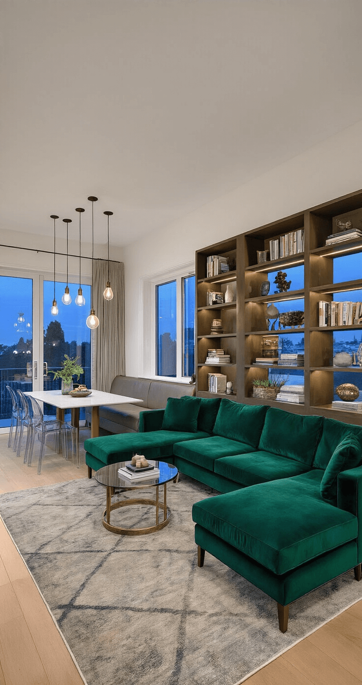 A dusk-lit elongated living-dining room featuring a deep emerald velvet sectional sofa, a round glass coffee table, a geometric area rug, a banquette dining area with a narrow rectangular table and ghost chairs, pendant lights with exposed bulbs, and a tall bookshelf dividing the spaces, all illuminated by soft, warm ambient lighting in rich jewel tones and metallics.