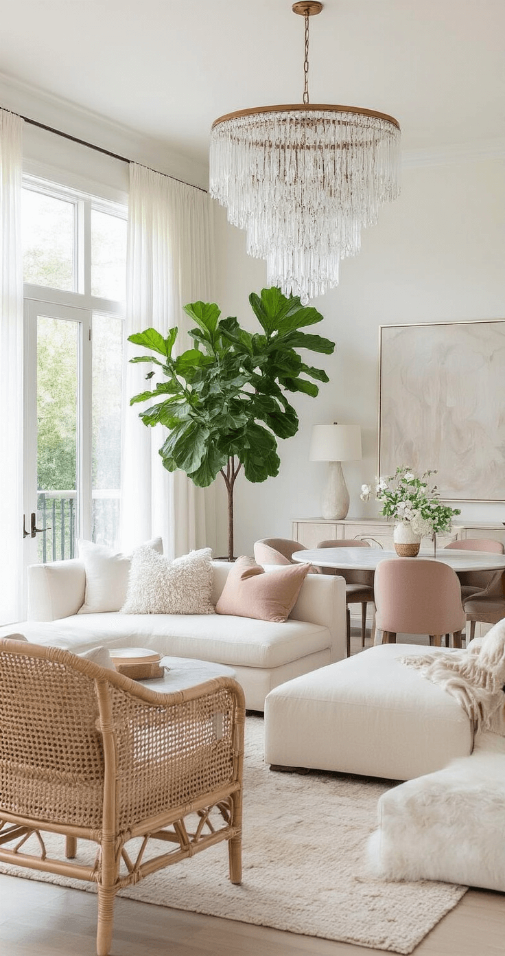 A bright and airy living-dining space featuring floor-to-ceiling windows, a cream sectional sofa, rattan armchairs, a fiddle leaf fig tree, a round marble dining table with blush upholstered chairs, a crystal chandelier, and soft white walls adorned with sheer curtains, accented by textured pillows and a sheepskin rug.
