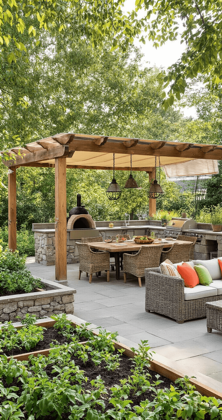 A family-style garden kitchen featuring a spacious outdoor entertainment area with a wooden pergola, natural stone island with a smoker and pizza oven, and a farmhouse dining table for 10, all illuminated by morning light.