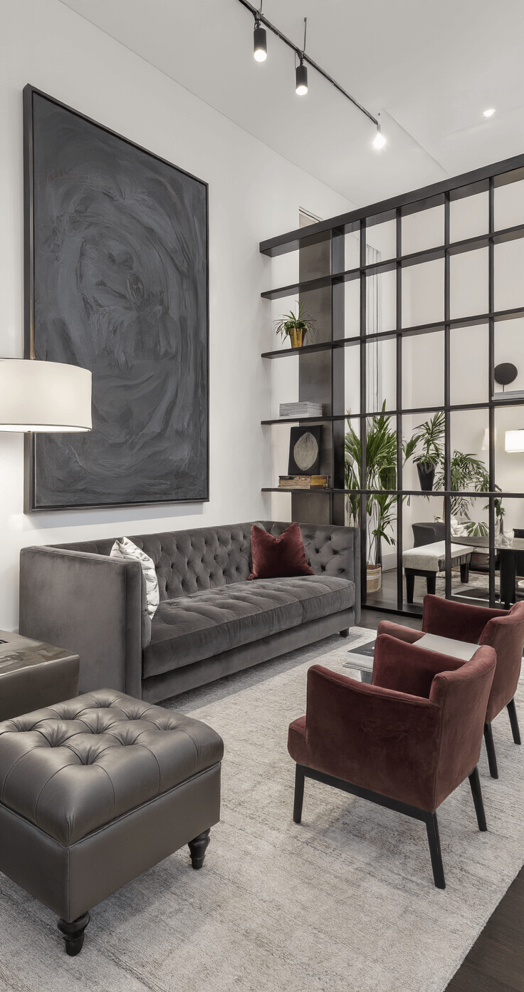 A sophisticated living-dining room featuring a charcoal gray velvet sofa, leather armchairs, tufted ottoman, and a long dark wood dining table with upholstered bench seating and sleek chairs, illuminated by modern track lighting and ambient table lamps, separated by a tall room divider with open shelving for art and plants, all in a monochromatic scheme with deep burgundy accents.