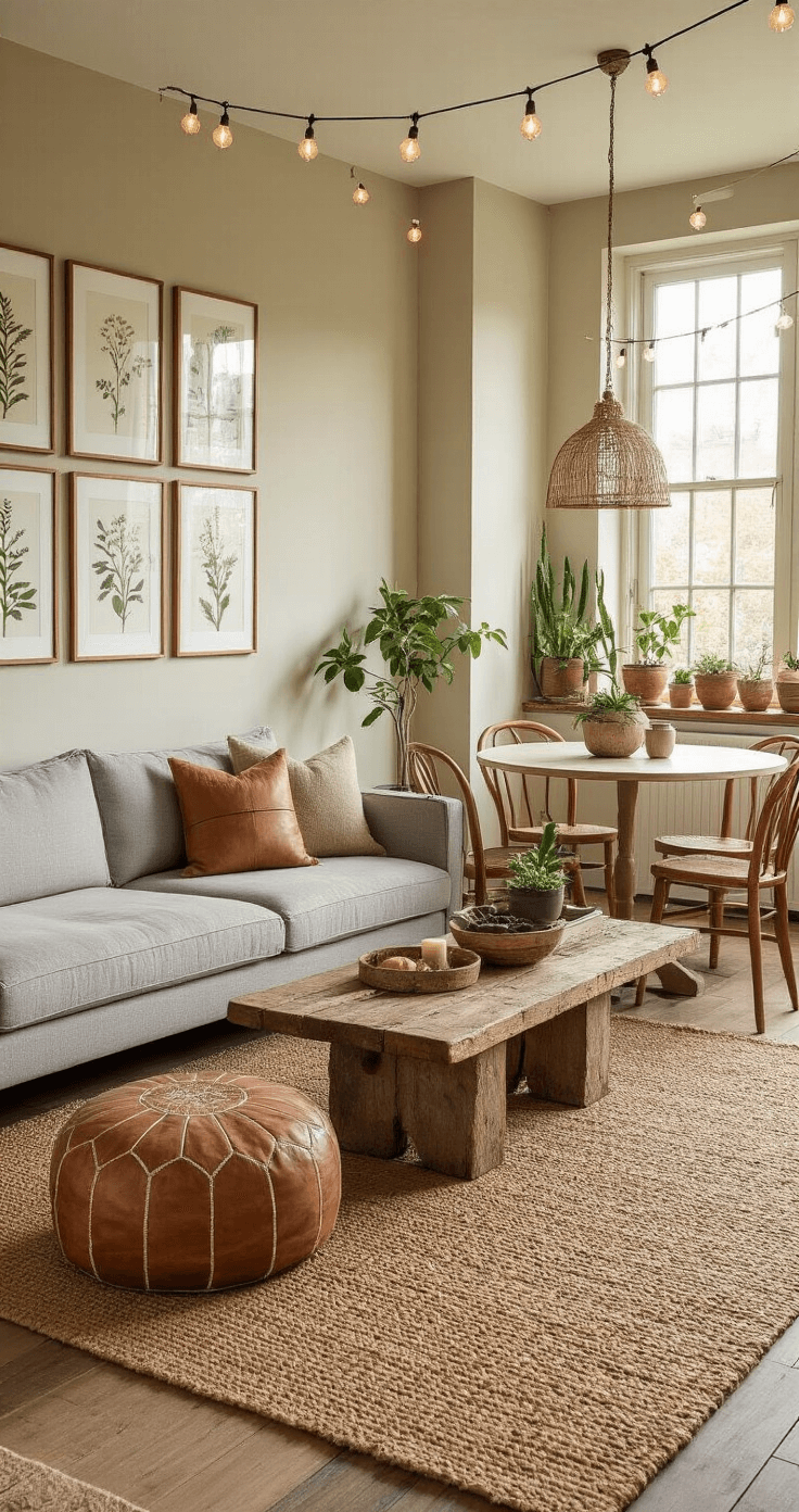 Cozy 16'x13' living-dining room with light gray L-shaped sofa, leather pouf, rustic wood coffee table, and round vintage table, all illuminated by warm late afternoon light with earthy tones and layered textures.