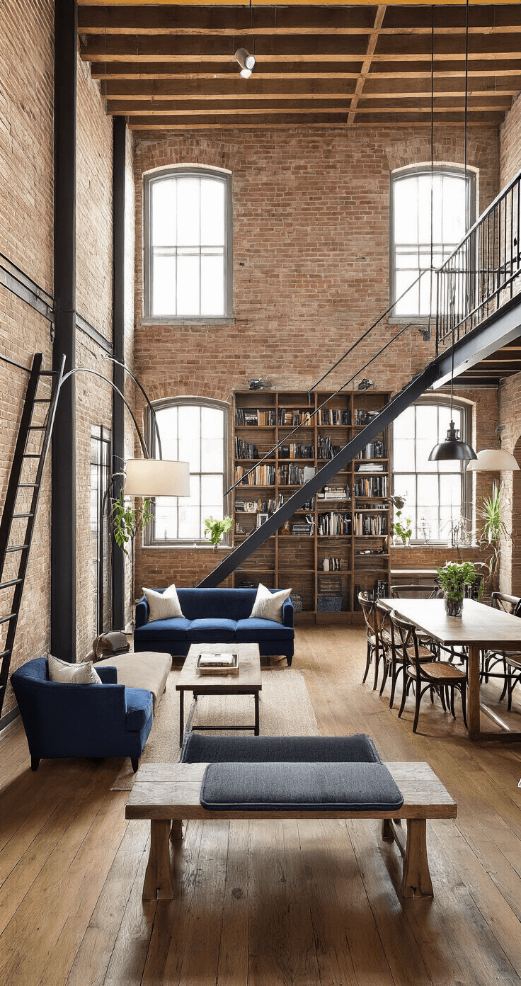A stylish 26'x12' living-dining loft space featuring exposed brick walls, high wooden beams, a navy blue tuxedo sofa, mid-century modern armchairs, a farmhouse table with bench seating and cross-back chairs, industrial pendant lights, and a rolling ladder against floor-to-ceiling bookshelves, all bathed in warm ambient lighting.