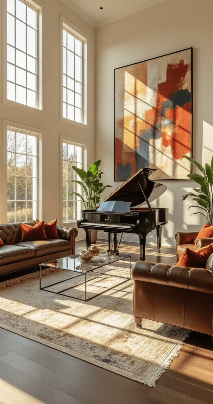 A spacious living room with high ceilings, large windows letting in warm afternoon light, a grand piano off-center, a plush velvet sofa, two leather armchairs, a glass coffee table, and an abstract painting above the piano, accented by colorful throw pillows and a rug, surrounded by potted plants in corners.