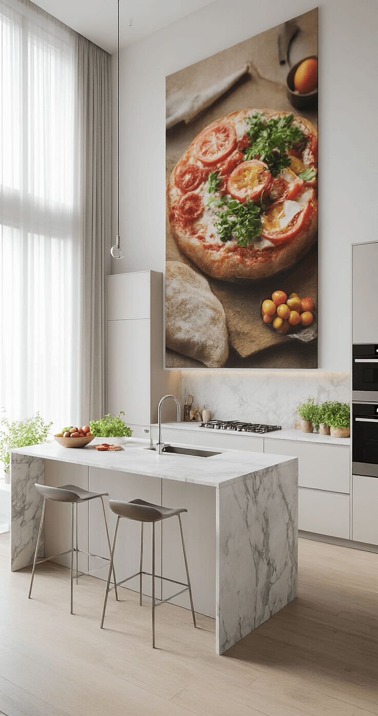 A modern open-concept kitchen with high ceilings, featuring a large marble-topped island, stainless steel appliances, and minimalist cabinetry, illuminated by soft morning light. An oversized food photography piece adorns the main wall, while vibrant fresh fruit and herbs add color.