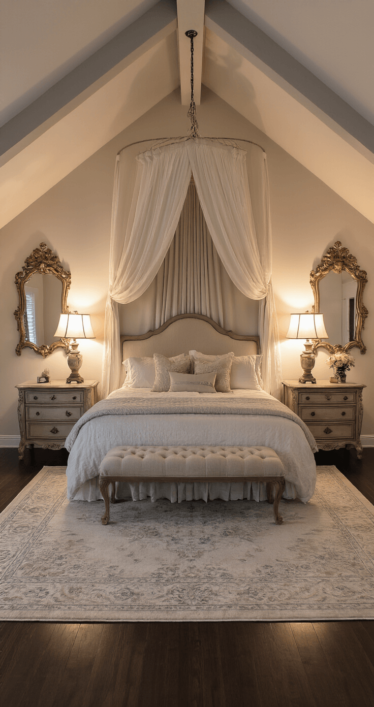 A cozy master bedroom with vaulted ceilings, featuring a prominent canopy bed draped in luxurious fabrics, ornate bedside tables with dimly lit lamps, a plush area rug on dark hardwood floors, and walls adorned with artwork and mirrors, all illuminated by soft moonlight and warm lamp glow, creating an intimate and dreamy atmosphere.
