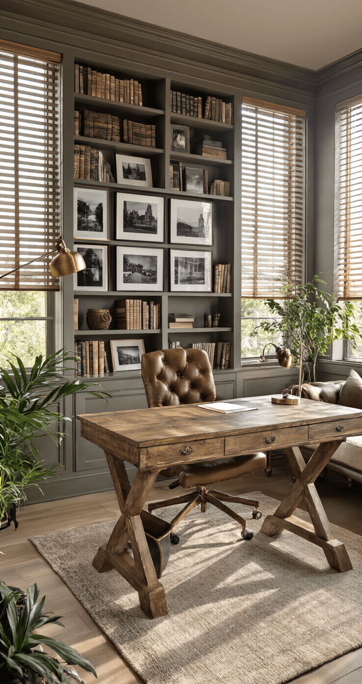 A stylish home office featuring floor-to-ceiling bookshelves, a rustic wooden desk off-center, a leather office chair, and a cozy reading nook with a chaise lounge. Mid-morning sunlight filtering through wooden blinds casts bright natural light and subtle shadows, while a gallery wall of black and white photographs and brass accents add warmth. The scene is viewed from above, capturing the productive and inspiring layout.