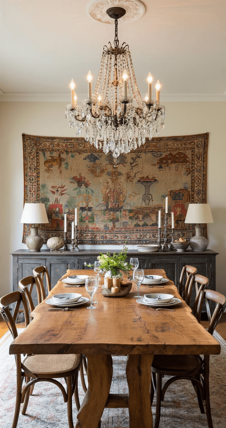 An eclectic dining room featuring a long live-edge wooden table surrounded by mismatched vintage chairs, illuminated by a statement chandelier and warm evening light. A large tapestry adorns the main wall, with rich colors reflected in the table settings and a sideboard styled with candles and art objects. The scene captures a bohemian and convivial atmosphere from an eye-level view at the entryway.