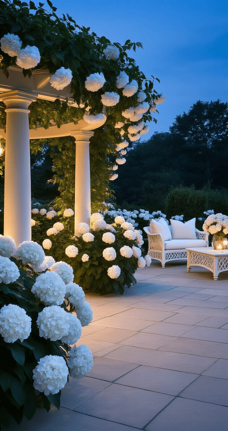 Wide-angle view of a moonlit garden terrace featuring pure white hydrangeas and peonies on stone pavers, with a curved pergola draped in moonflowers. Soft landscape lighting enhances the ethereal glow of the blooms against a deep blue twilight sky, while silver-leafed plants add texture. Pearl-white furniture with ivory cushions completes the serene ambiance.