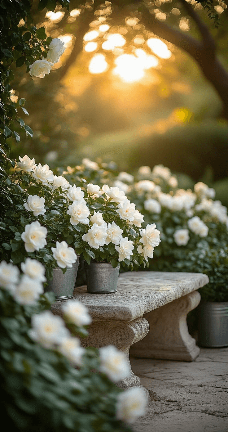 An intimate garden scene at golden hour featuring a weathered stone bench surrounded by cascading white gardenias and climbing roses, with dappled light filtering through overhead trees, emphasizing delicate petal textures. Vintage zinc planters and mercury glass accessories add a patina to the warm cream and silver color palette, while layers of white blooms create visual depth.