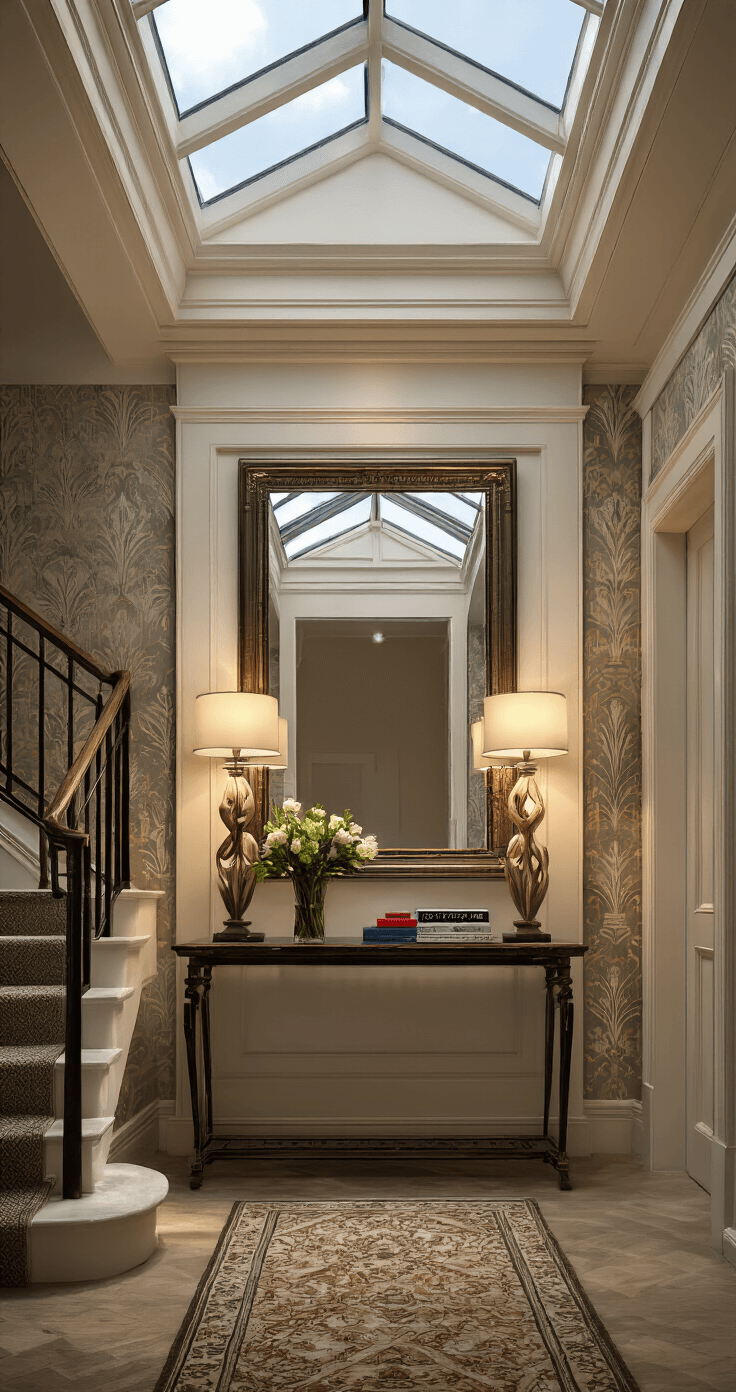 A grand entryway featuring a sweeping staircase, illuminated by late day sunlight streaming through a skylight. An ornate mirror on the main wall reflects light, while a console table below showcases a sculptural lamp, books, and a vase of fresh flowers. A patterned runner leads upward, complemented by art deco-inspired wallpaper, all viewed from a low angle.