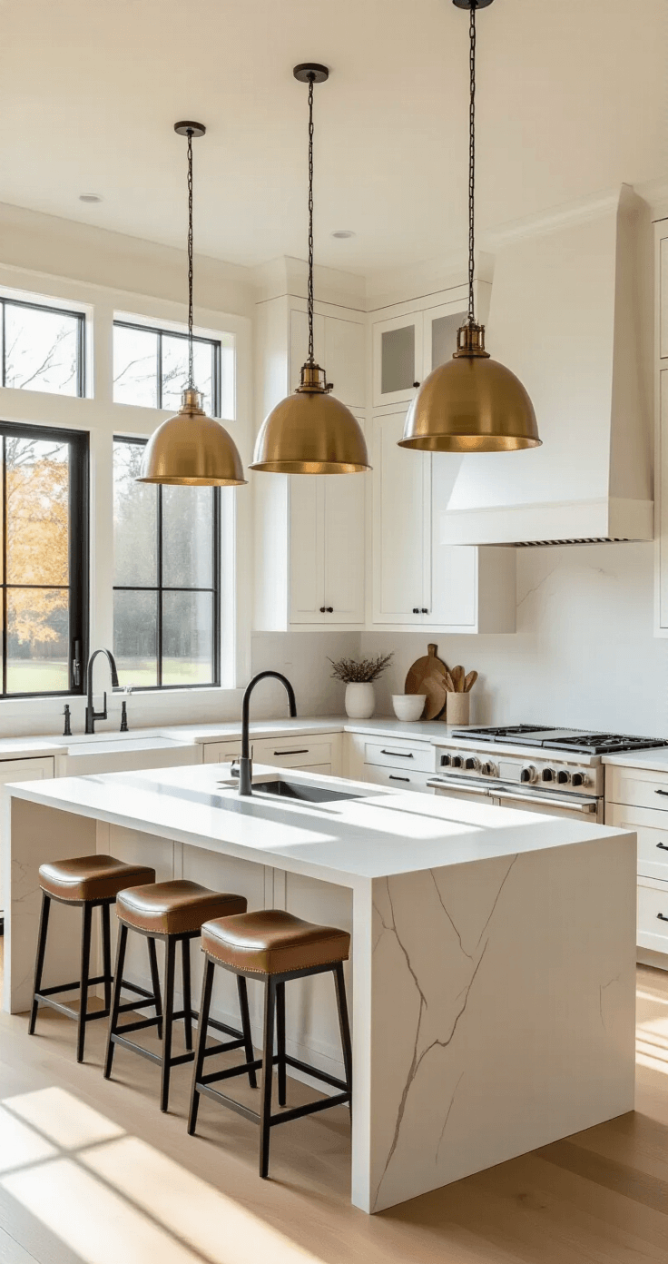 A spacious open-concept kitchen featuring a 10-foot white quartz island with leather-seated stools, illuminated by oversized brass pendant lights, sleek white cabinets with matte black hardware, and a large window that fills the space with warm afternoon light.