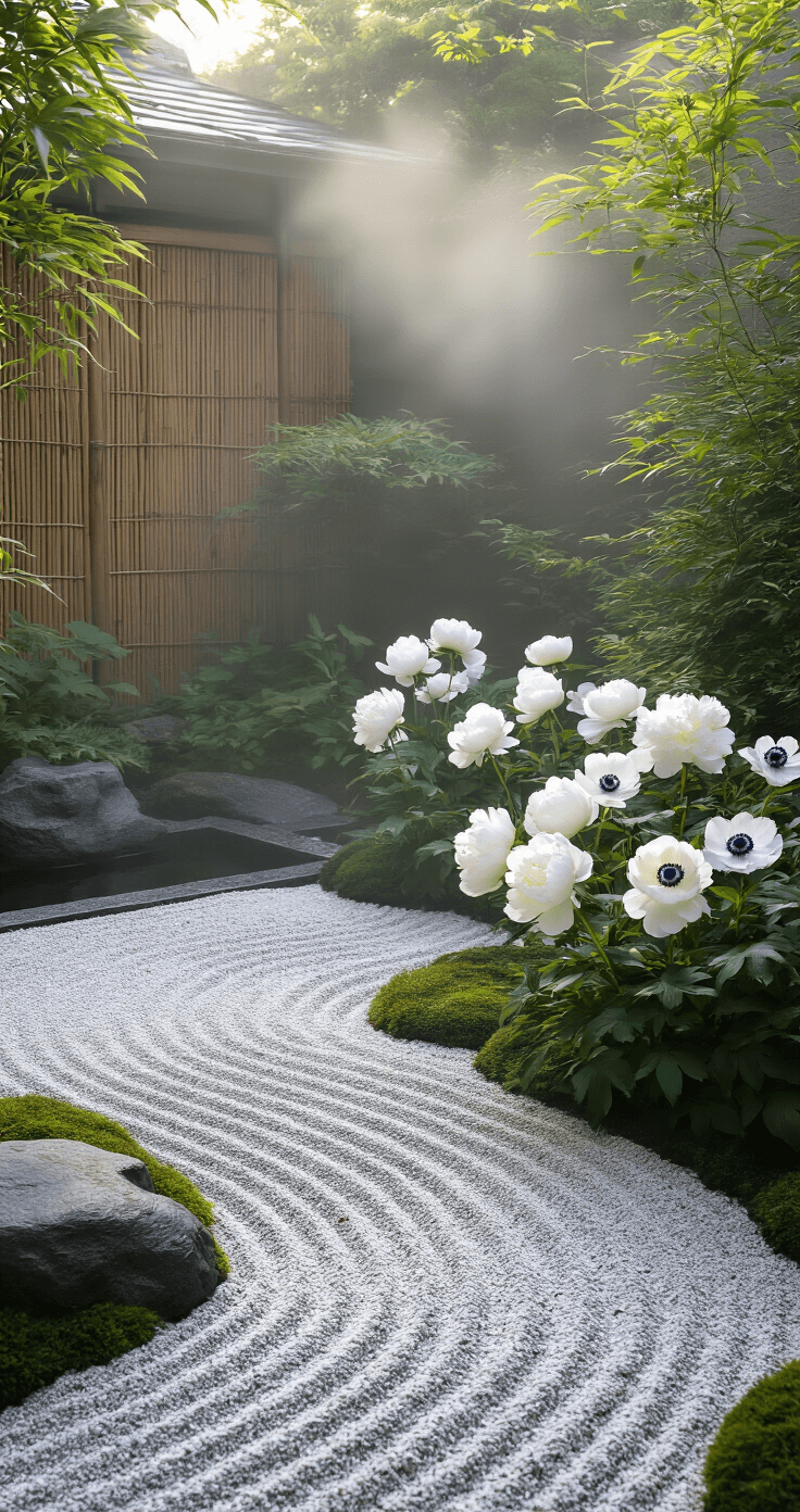Zen garden courtyard at dawn with white peonies and Japanese anemones in morning mist, featuring raked gravel patterns leading to a simple water feature, all captured at ground level with an 85mm lens in soft, diffused natural light, highlighting a monochromatic palette of white and pale grey alongside natural stone elements and bamboo screens.
