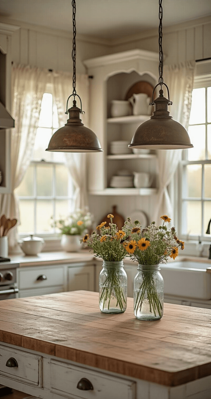 A cozy farmhouse kitchen at dawn featuring a rustic wooden island with vintage lanterns, butcher block top, mason jars of wildflowers, distressed white cabinets, and open shelving with mismatched china, all illuminated by soft, warm light filtering through lace curtains.