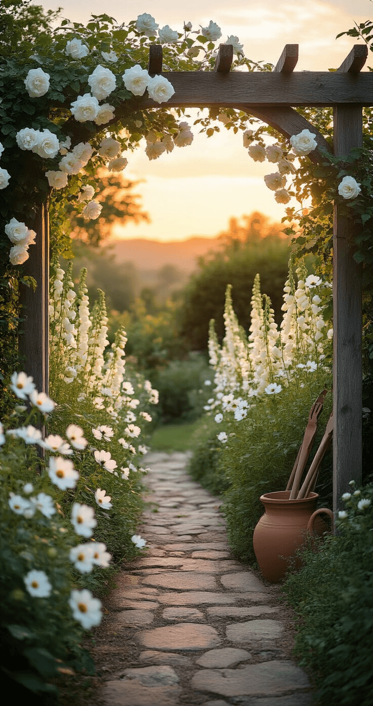 Cottage garden entrance adorned with white climbing roses around an aged wooden arbor, illuminated by soft sunset light, featuring layers of white foxgloves and cosmos, with vintage garden tools and weathered terracotta adding charm.