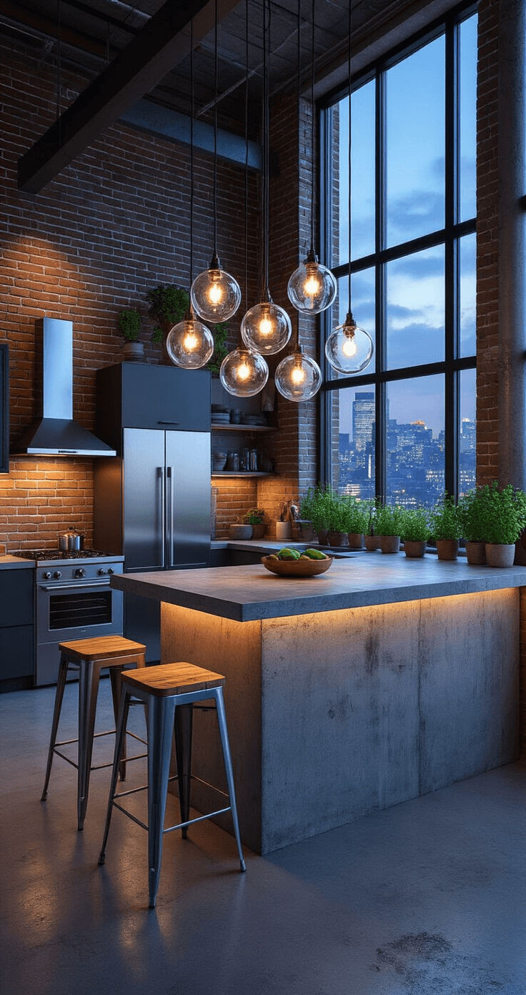 Industrial-chic loft kitchen at twilight featuring floor-to-ceiling windows with city lights, illuminated concrete island with five glass globe pendant lights, stainless steel appliances against exposed brick walls, metal bar stools with reclaimed wood seats, and potted herbs on the windowsill, captured from a low angle.