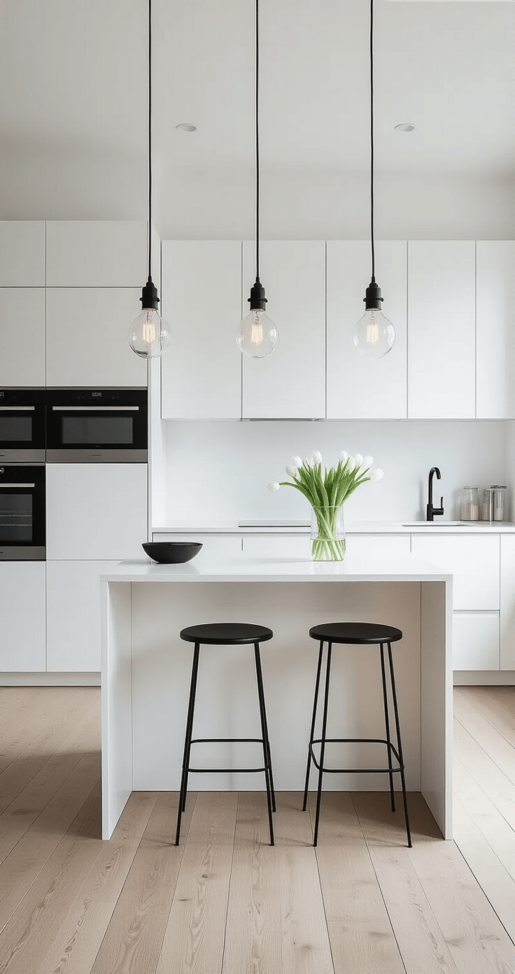 A minimalist Scandinavian kitchen with a white island, black metal pendant lights, pale wood flooring, and handle-less cabinets, featuring a vase of white tulips, all illuminated by natural light.