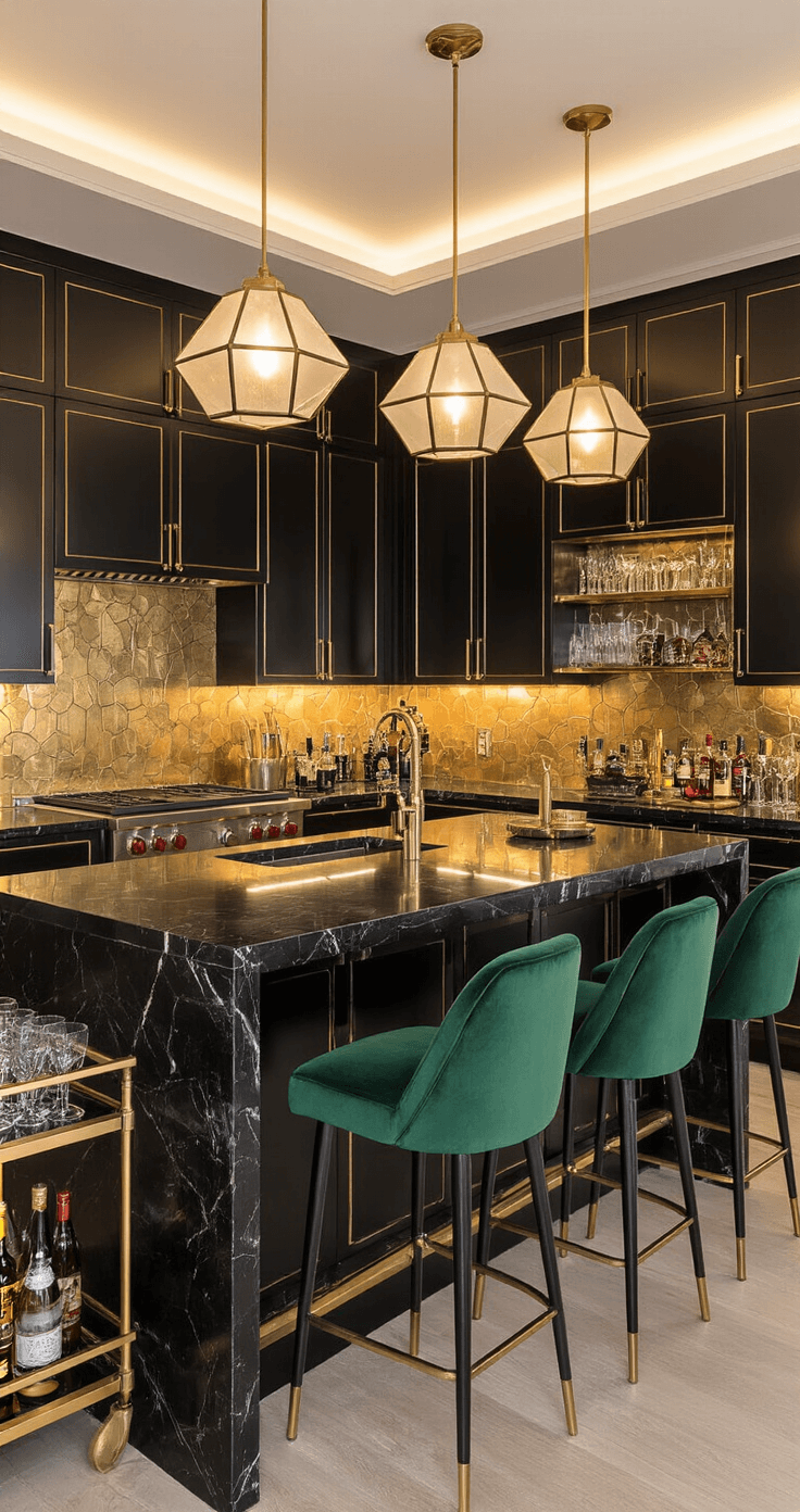 A luxurious Art Deco-inspired kitchen featuring a black marble island with geometric brass and frosted glass pendants, a gold-veined mirror backsplash, emerald green velvet barstools, and black lacquered cabinets with brass inlay, all illuminated by soft golden lighting for an evening party atmosphere.