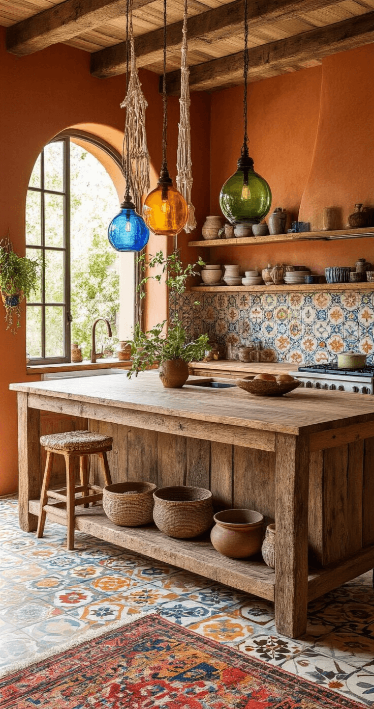 A vibrant bohemian kitchen with a reclaimed wood island, mismatched colorful glass pendant lights, patterned cement tiles, open shelving displaying global ceramics, macramé plant hangers, and a Moroccan rug, all under warm terracotta walls, illuminated by bright natural light.