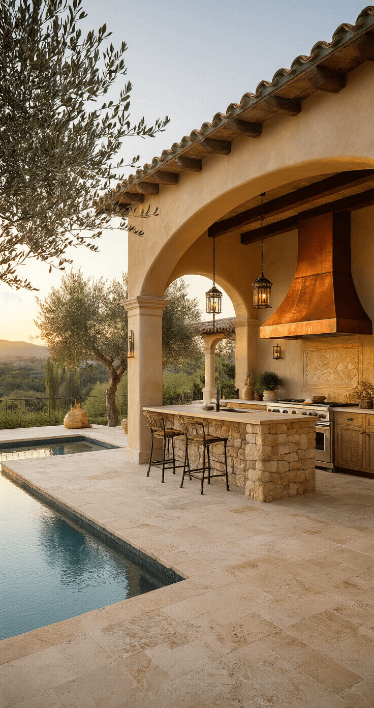 Wide-angle view of a warm Mediterranean kitchen and pool terrace during sunset, featuring travertine flooring, a rustic stone kitchen, an infinity pool reflecting the amber sky, and wrought iron pendant lights, all captured from kitchen island height.