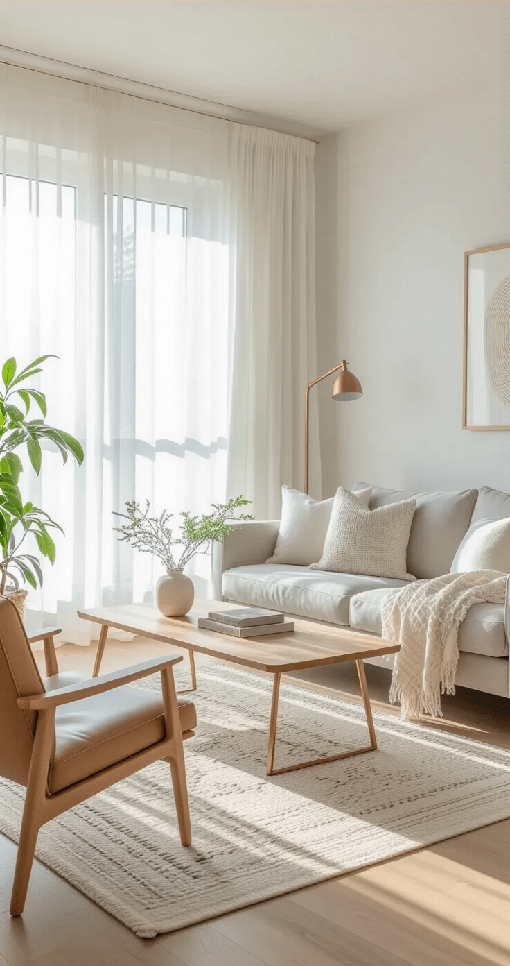 A serene 200 sq ft living room with soft morning light, featuring white walls, light oak flooring, a light gray linen sofa with white and beige cushions, a wooden coffee table on a cream wool rug, a light tan leather lounge chair, potted plants, and a brass floor lamp.