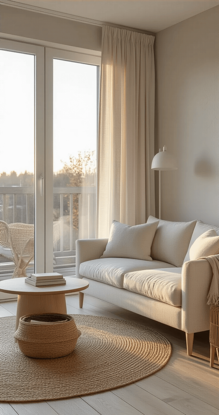 An intimate 150 sq ft living area bathed in warm golden hour light, featuring pale gray walls, whitewashed pine flooring, a compact ivory sofa, a round oak side table, and a textured jute rug. A cozy reading nook with a soft beige armchair and minimalist floor lamp is present, along with woven baskets and books for styling. Natural linen curtains frame a large window. The shot is taken from slightly above eye level, highlighting the atmosphere and textures.